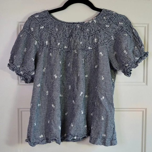 Madewell Floral Embroidered Gingham Shirred Short Puff Sleeve Blouse Top Size XL - Picture 3 of 11